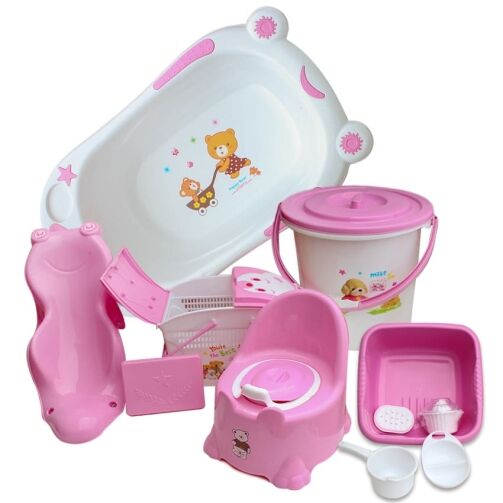 Ensemble baignoire avec accessoire de bain pour bébé - Rose/Blanc – Image 1