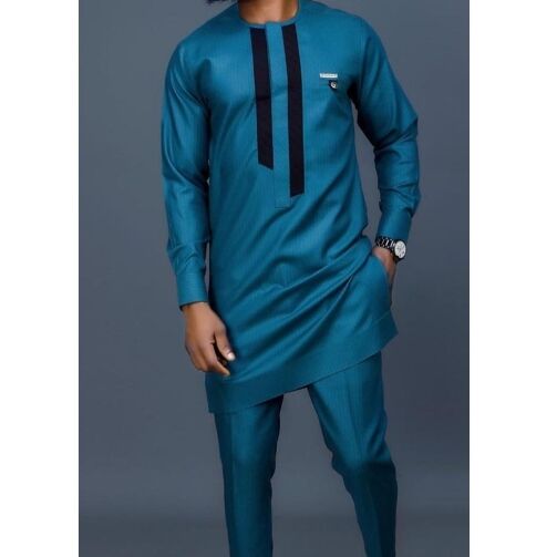 Tunique Pour Homme En Coton Glacé - Bleu – Image 1