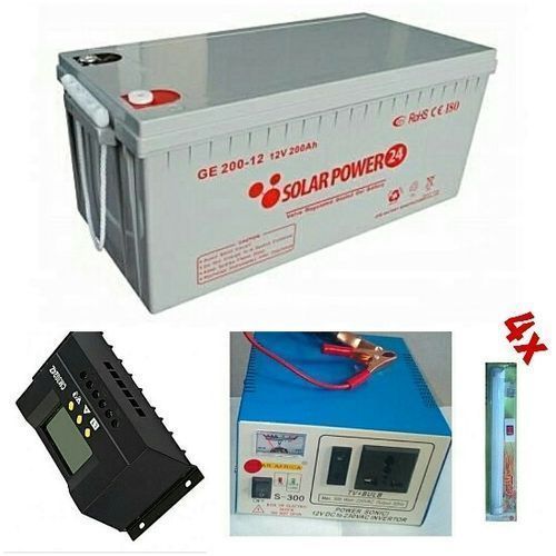 Kit Solaire 1 Batterie Solaire 12V-200Ah + 1 Régulateur 30A + 4 Ampoule Solaire + 1 Convertisseur 500W – Image 1