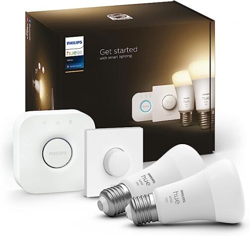Kit d’ampoules intelligente Philips Hue White [Vis E27 Edison] + bouton intelligent avec Bluetooth, Fonctionne avec Alexa, Google Assistant, Apple Homekit – Image 1