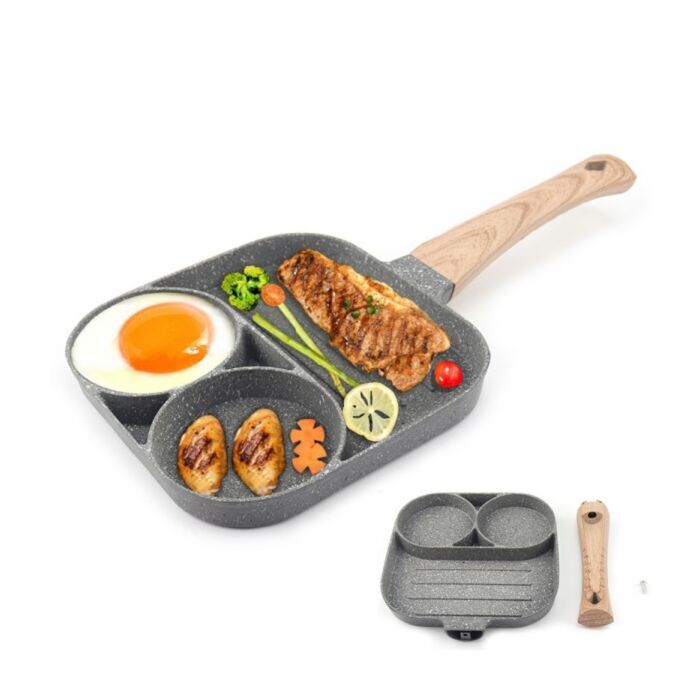 Poêle à frire à 3 trous, à omelette épaisse noire antiadhésive, manche en bois – Image 1