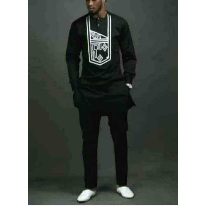 Tunique Pour Homme En Coton Glacé Noir – Image 1