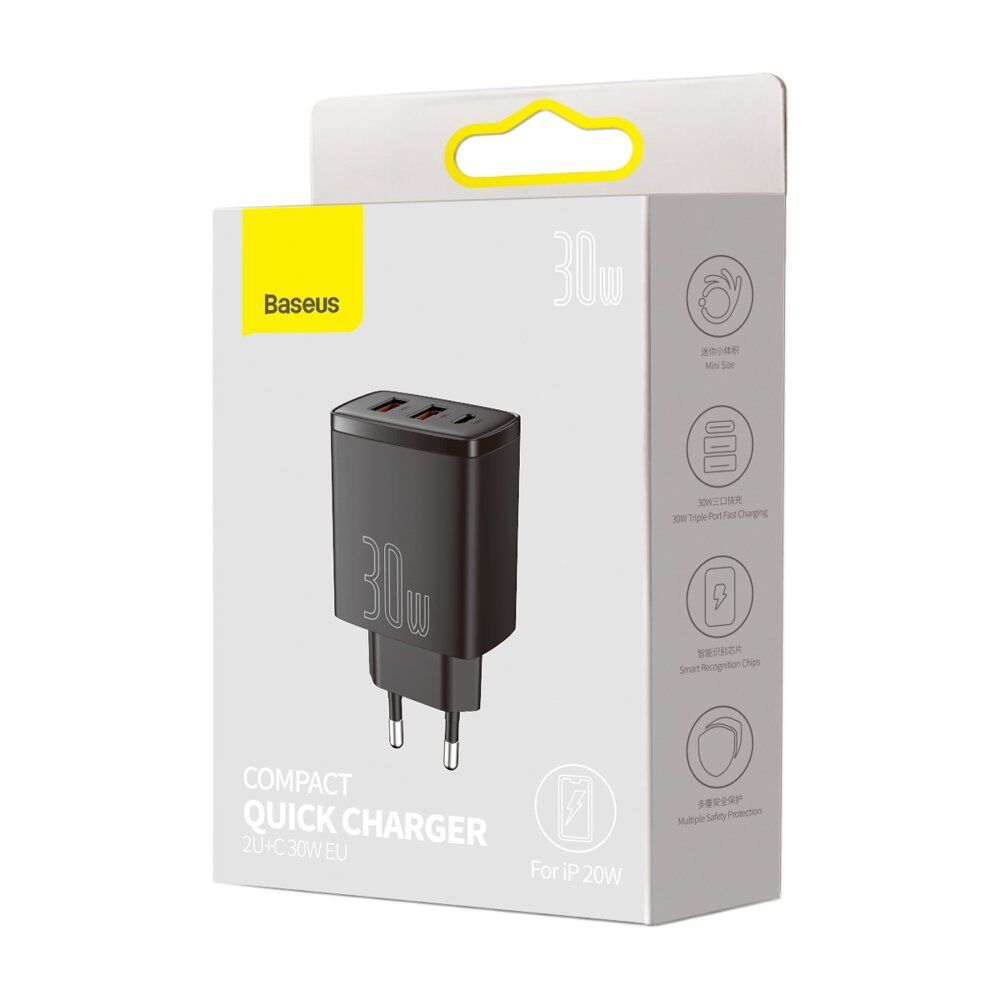 BASEUS - Chargeur rapide compact CCXJ-E01 2xUSB+Type-C 30W - Noir – Image 1