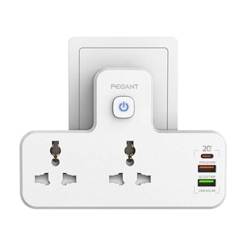 Adaptateur de prise d’alimentation 3 en 1 PEGANT, charge rapide USB-C 20 W, 2 USB-A QC3.0, 2 prises universelles – Image 1