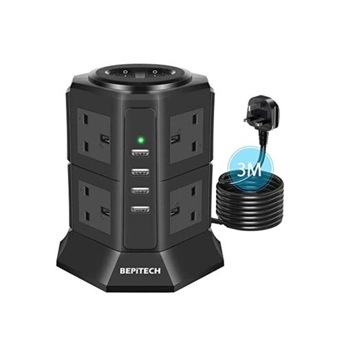 BEPiTECH Rallonge d'alimentation de 3 mètres 8 prises de courant 2500 W avec station de charge 4 USB – Image 1