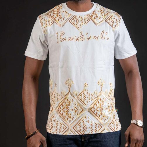 T-shirt Burkindi motif Kassena doré à col rond - Blanc – Image 1