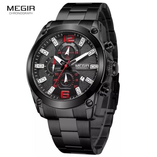Megir - Montre de Sport chronographe à Quartz - bracelet en acier - Noir – Image 1