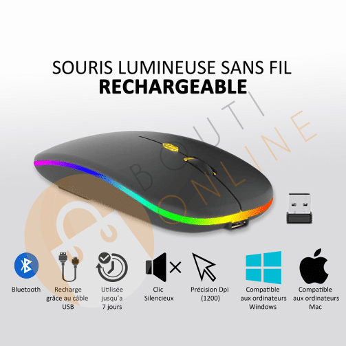 Souris lumineuse sans fil Rechargeable - Noir – Image 1