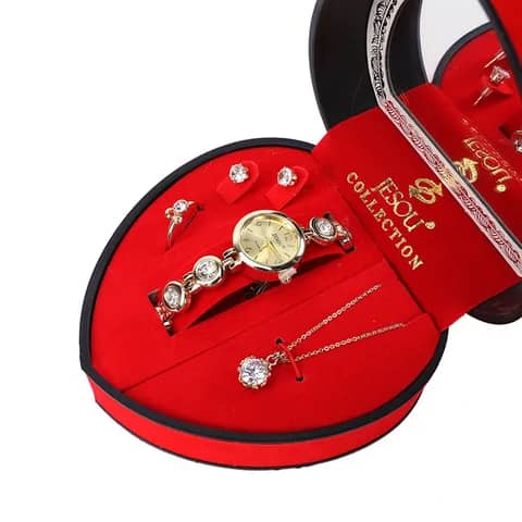 Ensemble de bijoux, Design cristal doré, collier, boucles d'oreilles, bague – Image 1