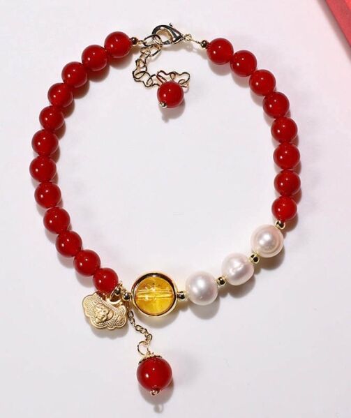 Bracelet Agate rouge, Perles d’eau douce, citrine et Or plaqué – Image 1