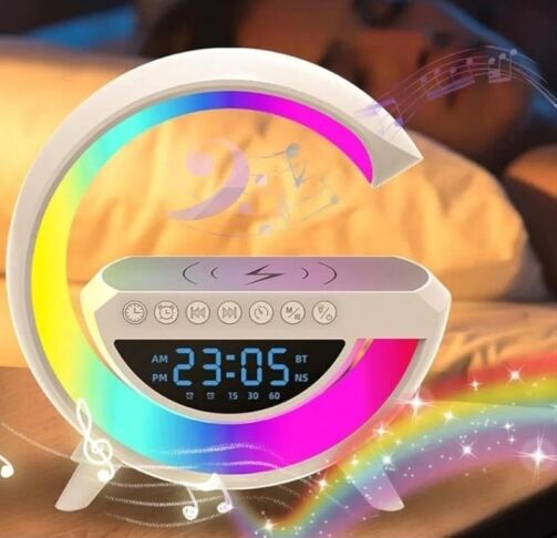 Haut-parleur Bluetooth multifonction lumineux, réveil, chargeur sans fil, lampe RVB – Image 1