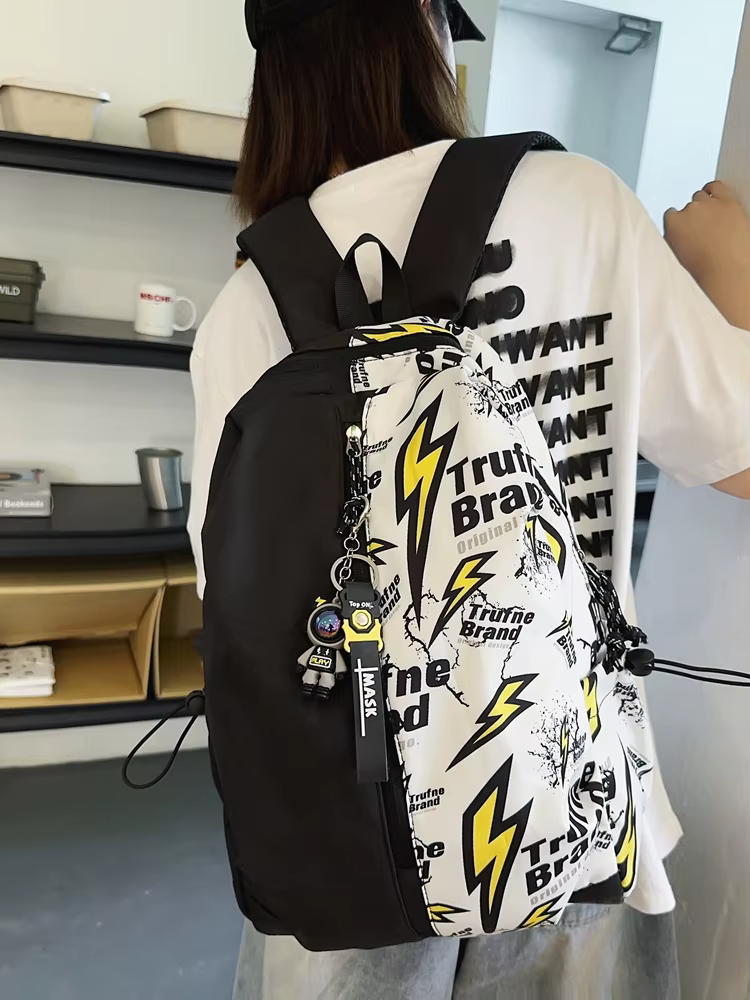 Sac à dos casual grande capacité, sac messenger en nylon avec graffitis, sac scolaire - Multicolore/Blanc – Image 1